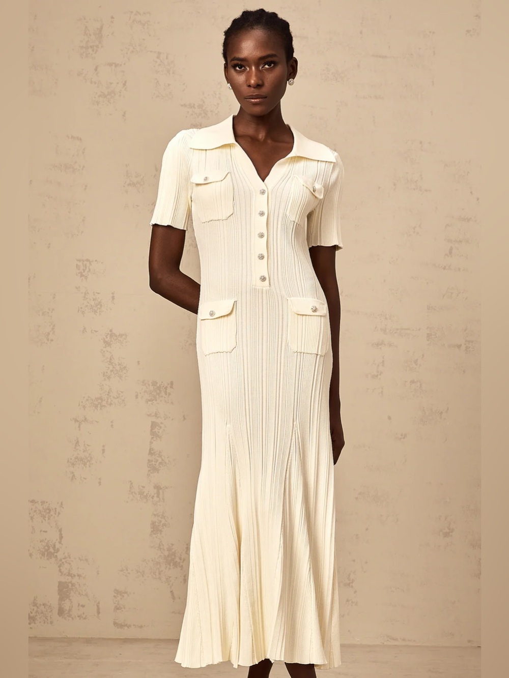 Miss Rosier NWT Nouria Neutrals Ribbed-knit Midi Dress Cream